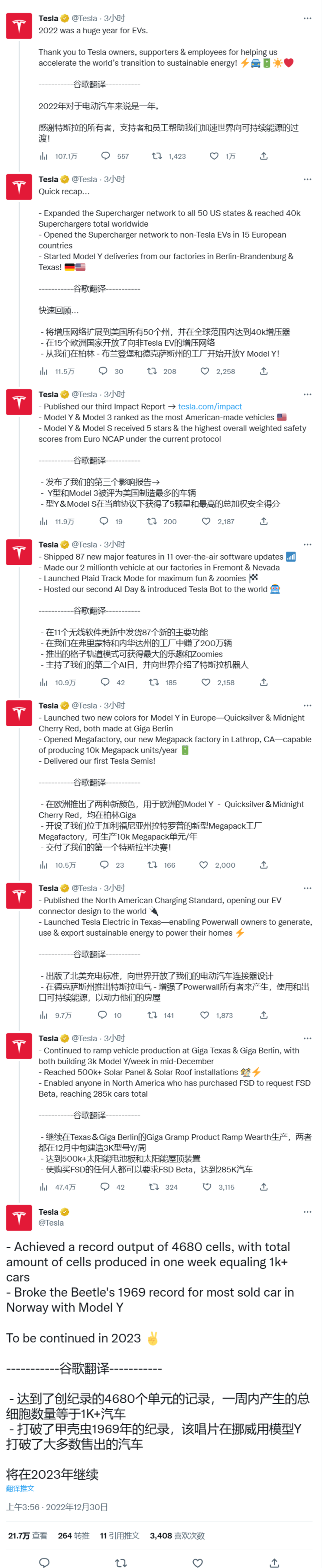 特斯拉今天向大家介绍一系列年度事件和里程碑记录 已有28.5万人购买FSD功能
