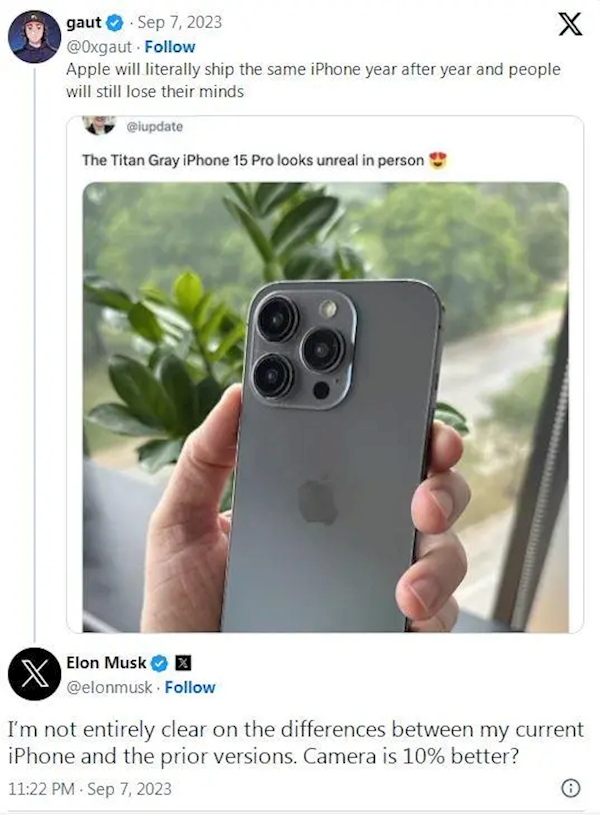 马斯克称iPhone换代毫无新意：下周三发布 Pro还要涨价